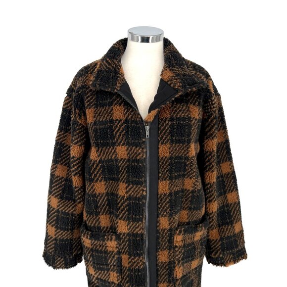 Saltwater Luxe Plaid Faux Fur Coat Black Brown Cinnamon Size Small NWT - Picture 3 of 16
